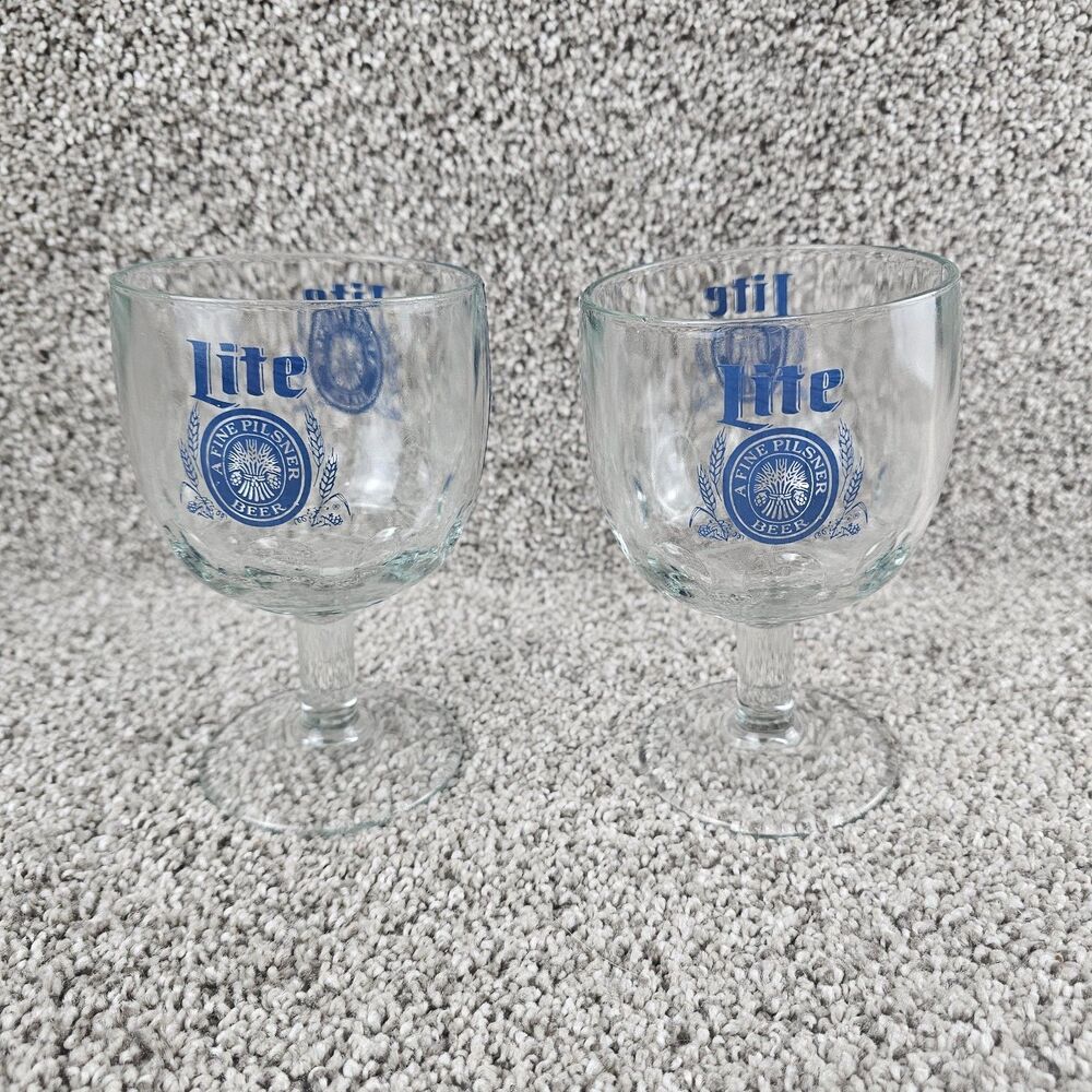 Vintage Miller Lite Beer Glass Goblets Logo Bar Pub 80s 90s Tulip Set of 2